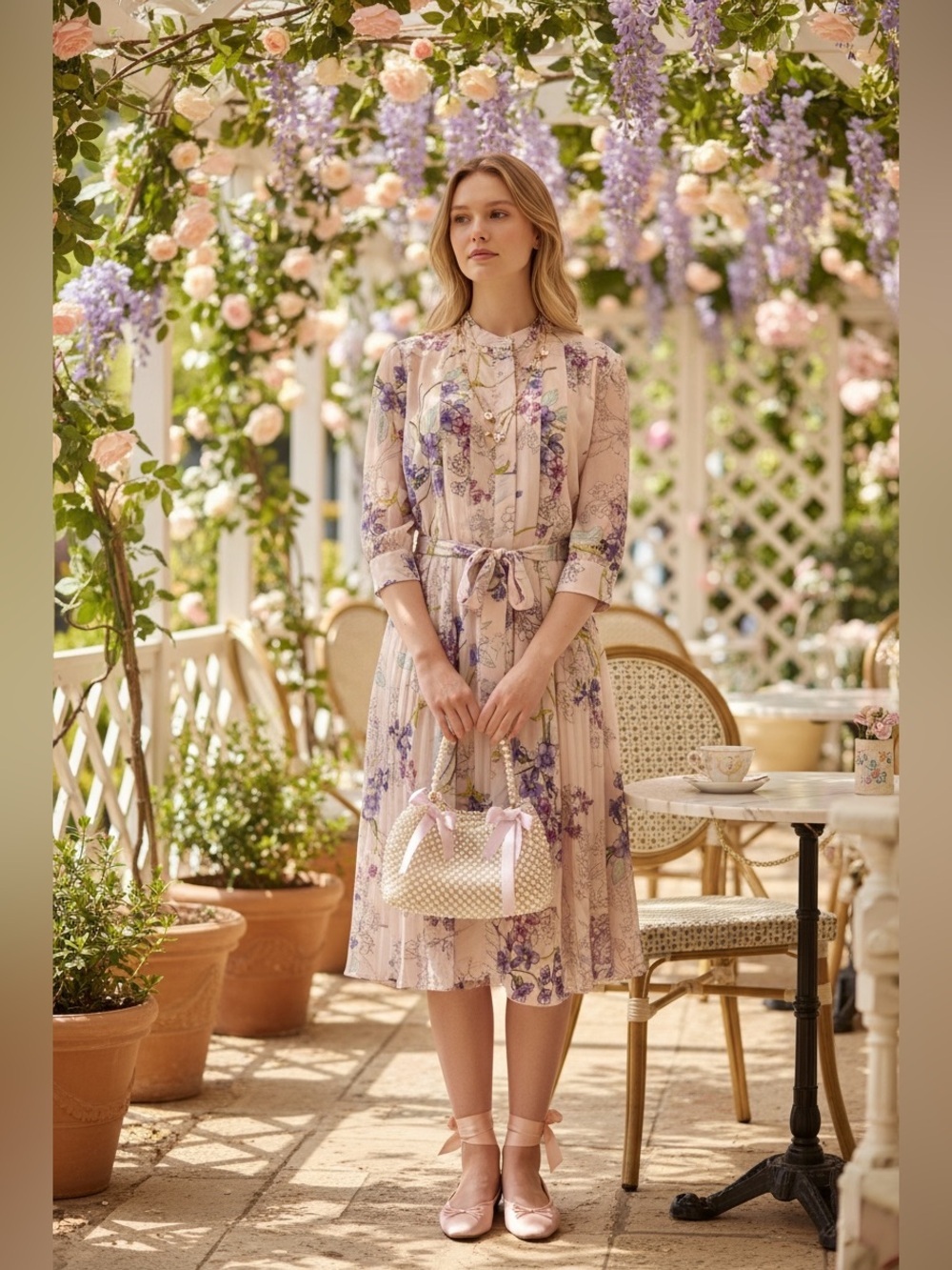 Nanette Leopore Floral Tie-Waist Midi Dress in Blush and Lavender